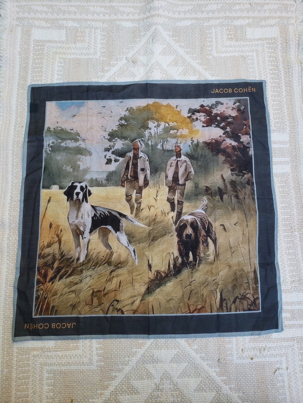 Jacob Cohen Hunting Motif Scarf in Navy, Tan & Olive